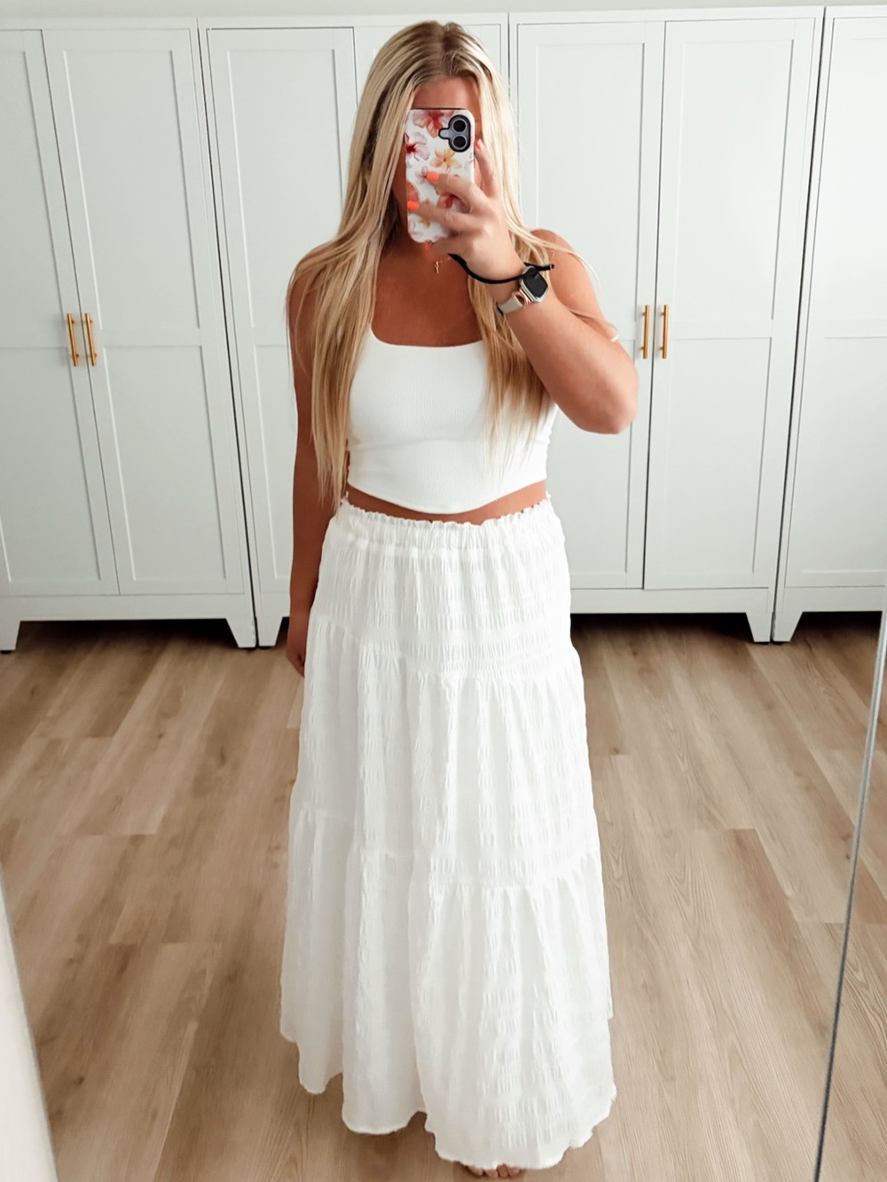 High waist flowy white maxi skirt